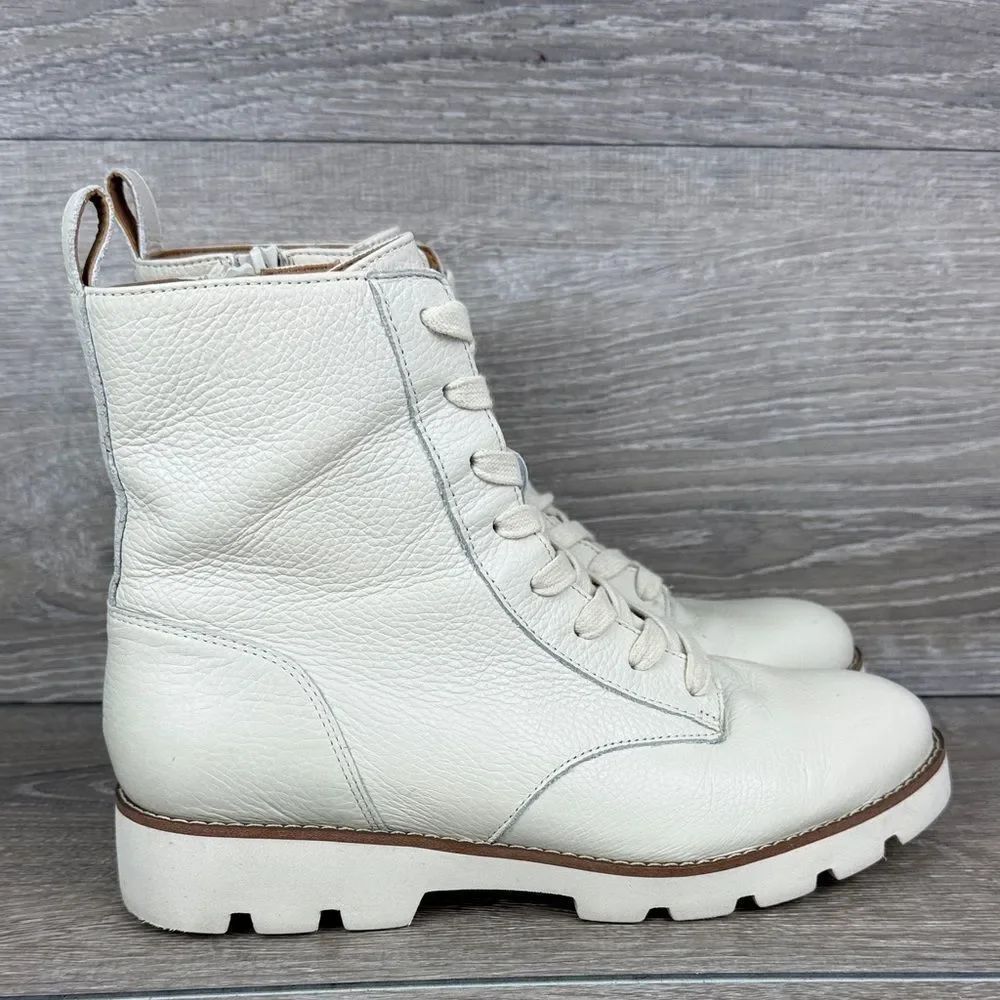 Vionic Lani Women’s Sz 7.5 Cream Tumbled Leather 8-Eye Lace Up Zip Combat Boots